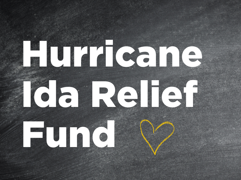 chalk board with letters and a yellow heart. reads hurricane ida relief fund