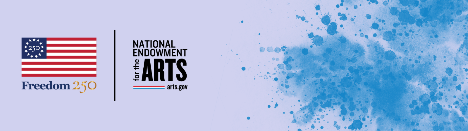 Lavender background with blue splattered paint and NEA / America250 logo