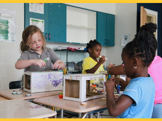 ADF logo next to photo of four children making art in a classroom