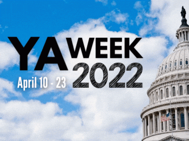 Text over picture of US Capitol with blue sky and clouds, reads "YA Week 2022 April 10-23"