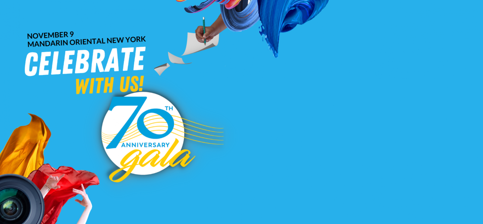Blue background with art parts and 70th anniversary logo