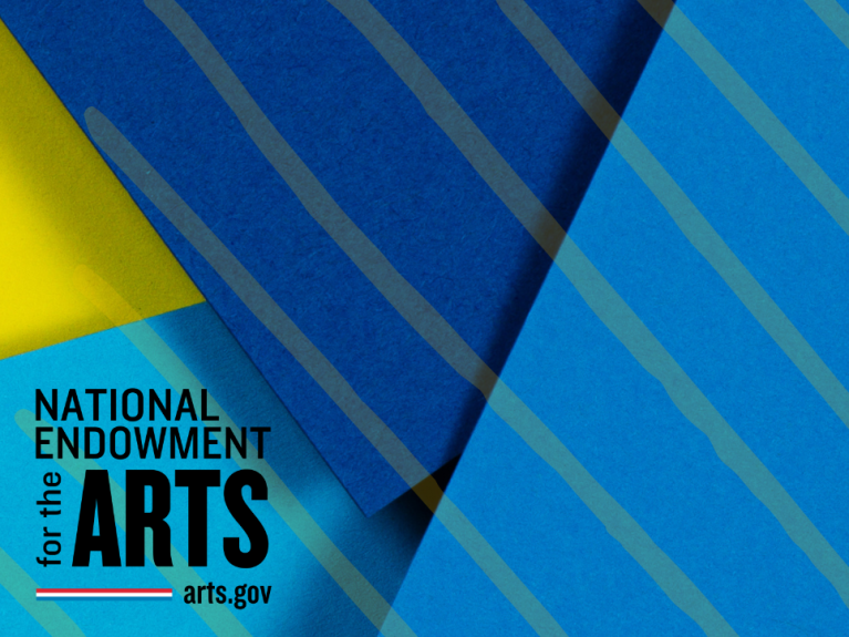 NEA logo against colorful blue and yellow paper montage