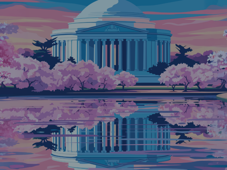 Illustrated graphic of Jefferson Memorial framed by cherry blossoms